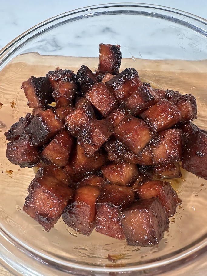 Smoked Spam Burnt Ends with Grannies Gold Mustard 1 spam burnt ends