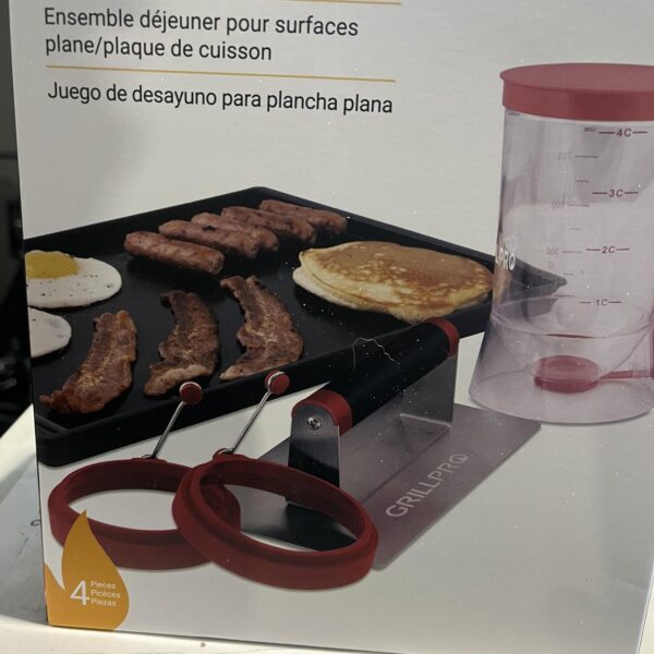 GrillPro Flat Top Breakfast Kit | Pancake Dispenser, Egg Rings & Bacon Press | Griddle Cooking Set