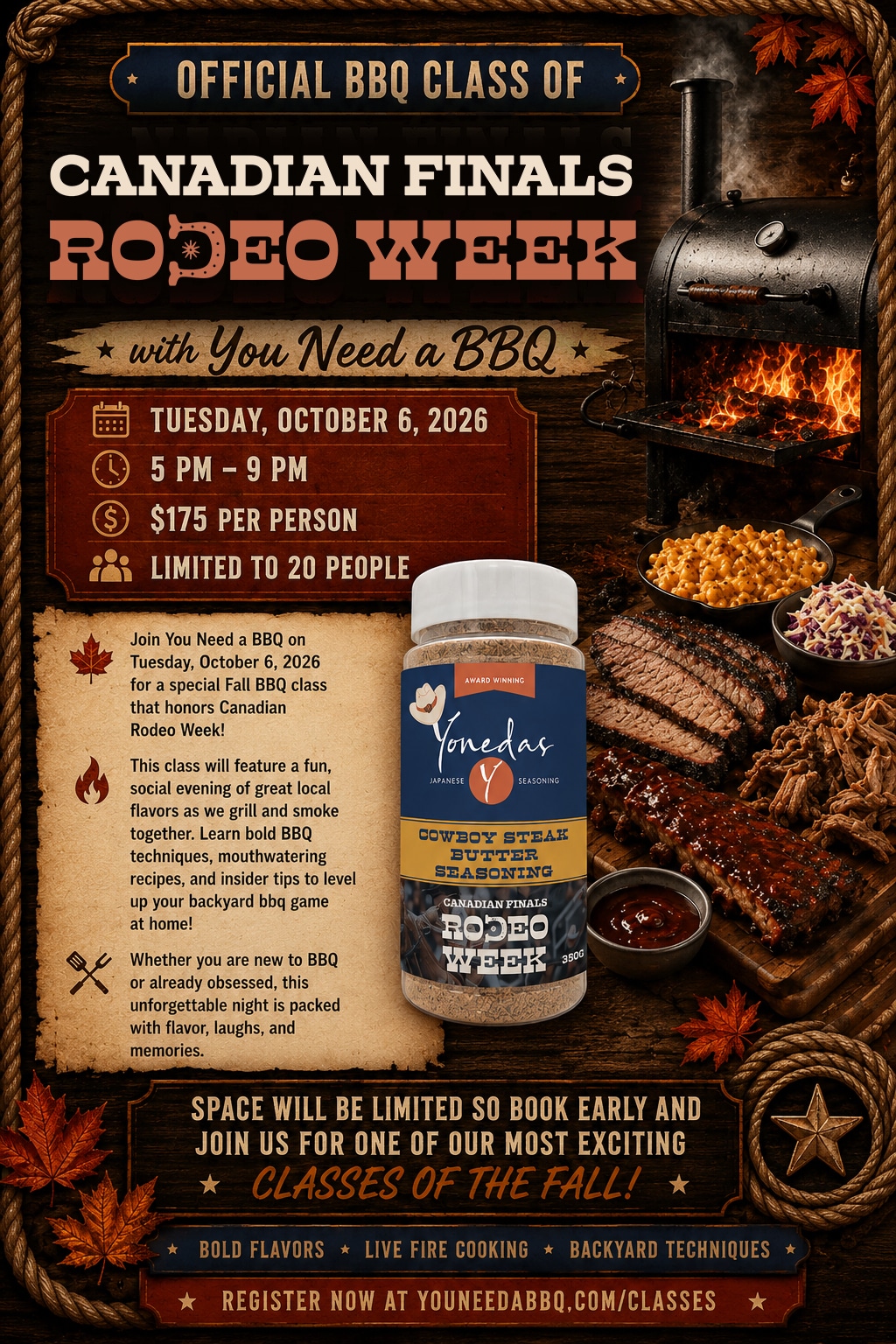 Fall BBQ Class with You Need a BBQ, October 6, 2026 3 CFR Class